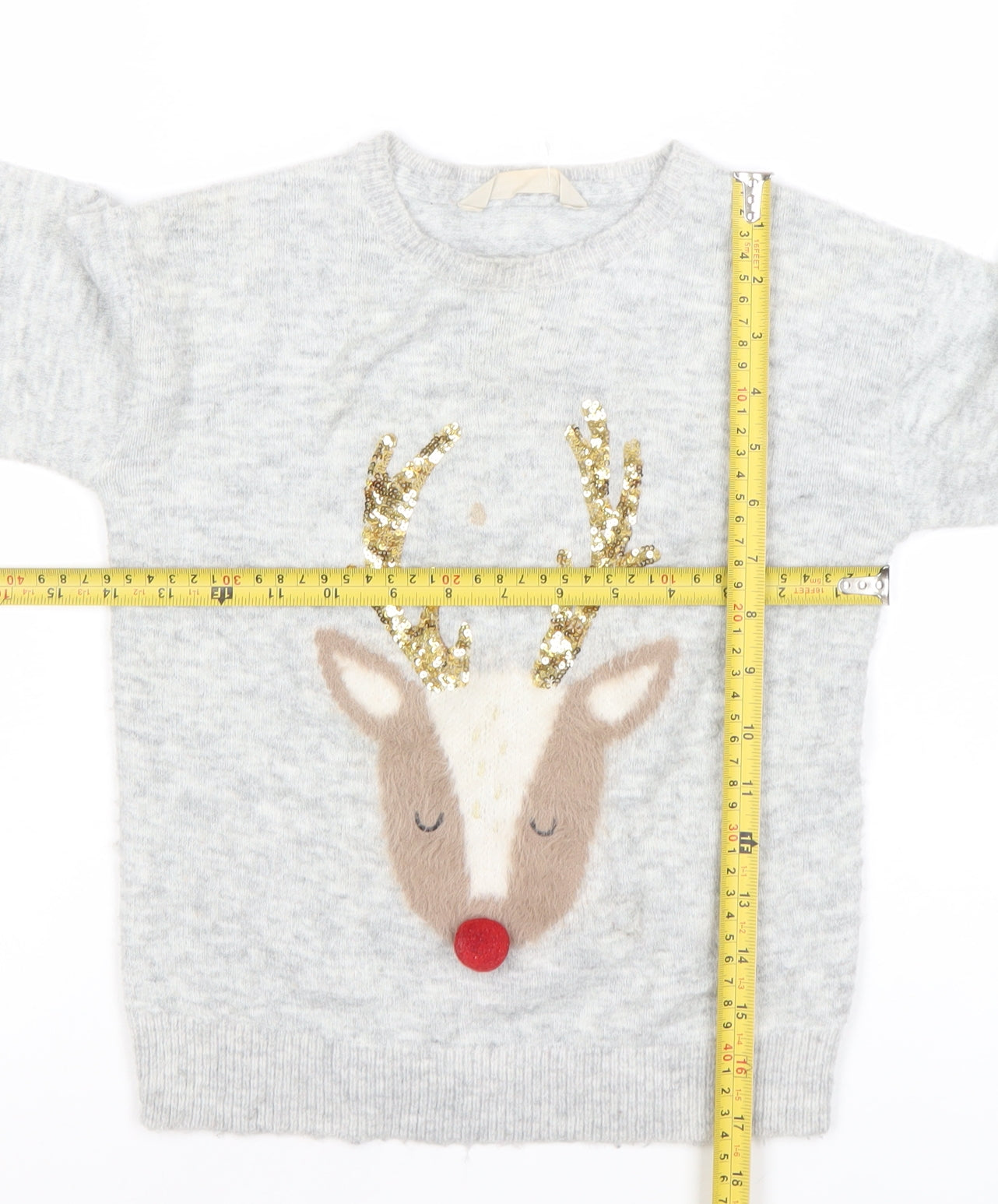 John Lewis Girls Grey Sequin Reindeer Christmas Jumper Size 6 Years