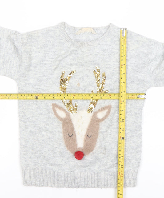 John Lewis Girls Grey Sequin Reindeer Christmas Jumper Size 6 Years