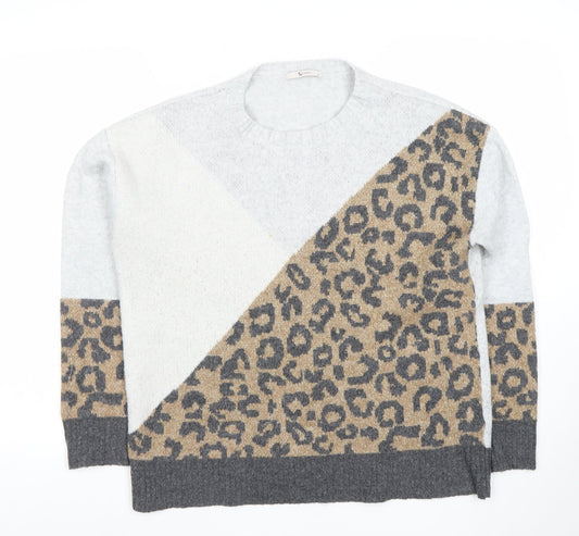 Tu Womens Grey Leopard Print Crew Neck Knitted Jumper Medium