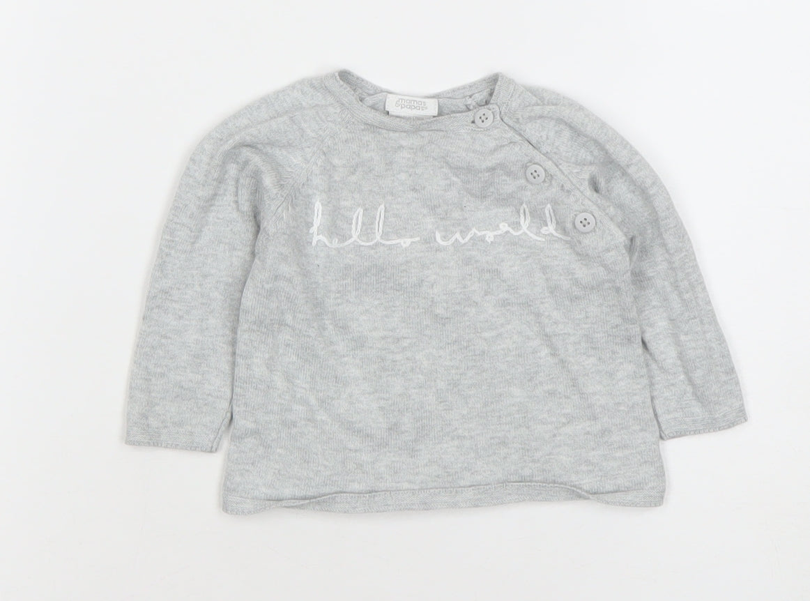 Mamas & Papas Grey Long Sleeve Cotton 'Hello World' Baby T-Shirt 3-6M
