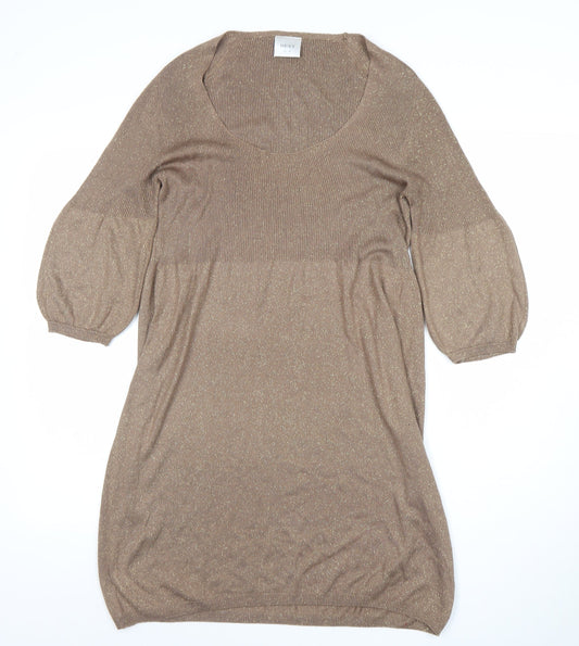 Next Women Brown Size 16 Shift Knit Dress Metallic 3/4 Sleeve