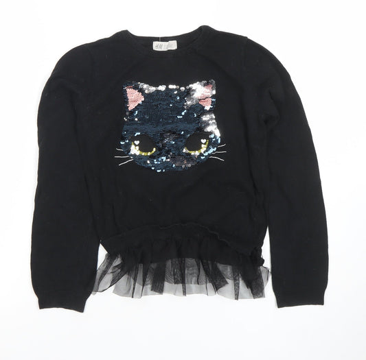 H&M Girls Black Sequin Cat Pullover Long Sleeve T-Shirt 10 Years