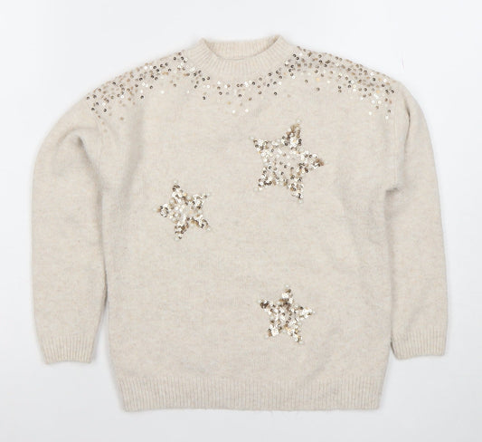 Next Girls Beige Sequin Star Jumper Pullover Knitwear 7 Years