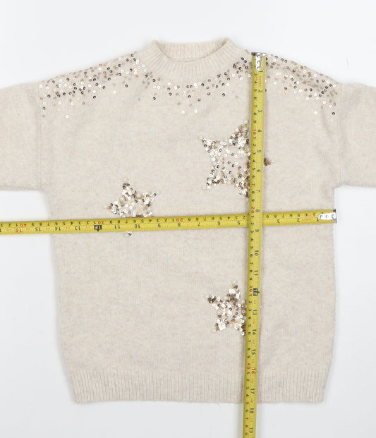 Next Girls Beige Sequin Star Jumper Pullover Knitwear 7 Years