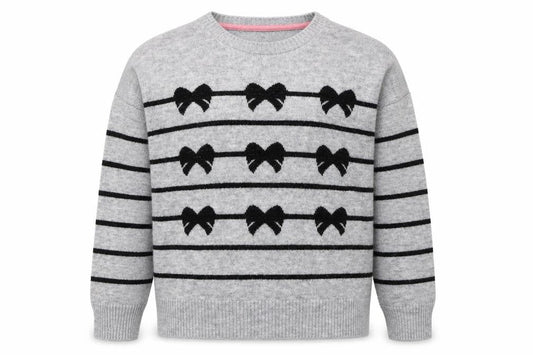 Front view of Crew Clothing girls’ grey bow stripe knit jumper, size 16, years