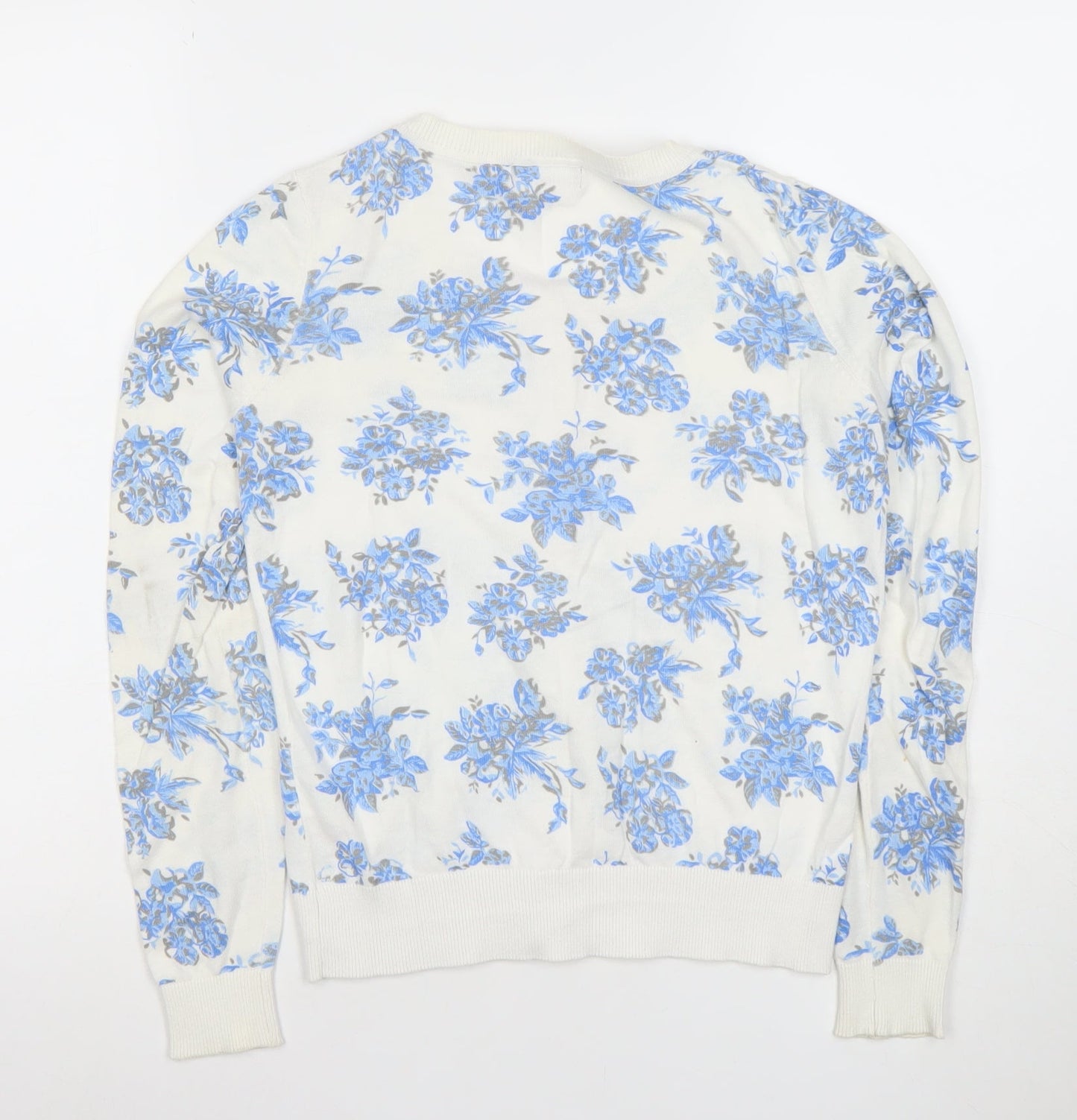 New Look Women White Blue Floral Button-Up Cardigan Size 8