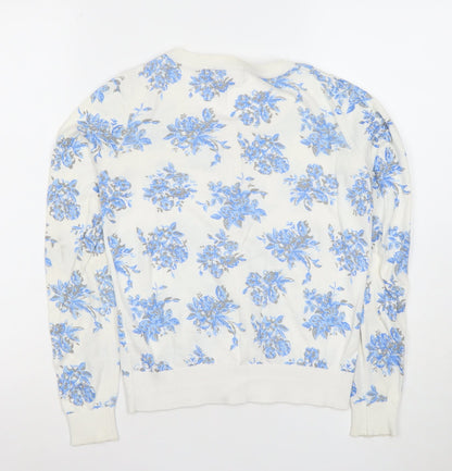 New Look Women White Blue Floral Button-Up Cardigan Size 8