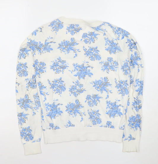 New Look Women White Blue Floral Button-Up Cardigan Size 8