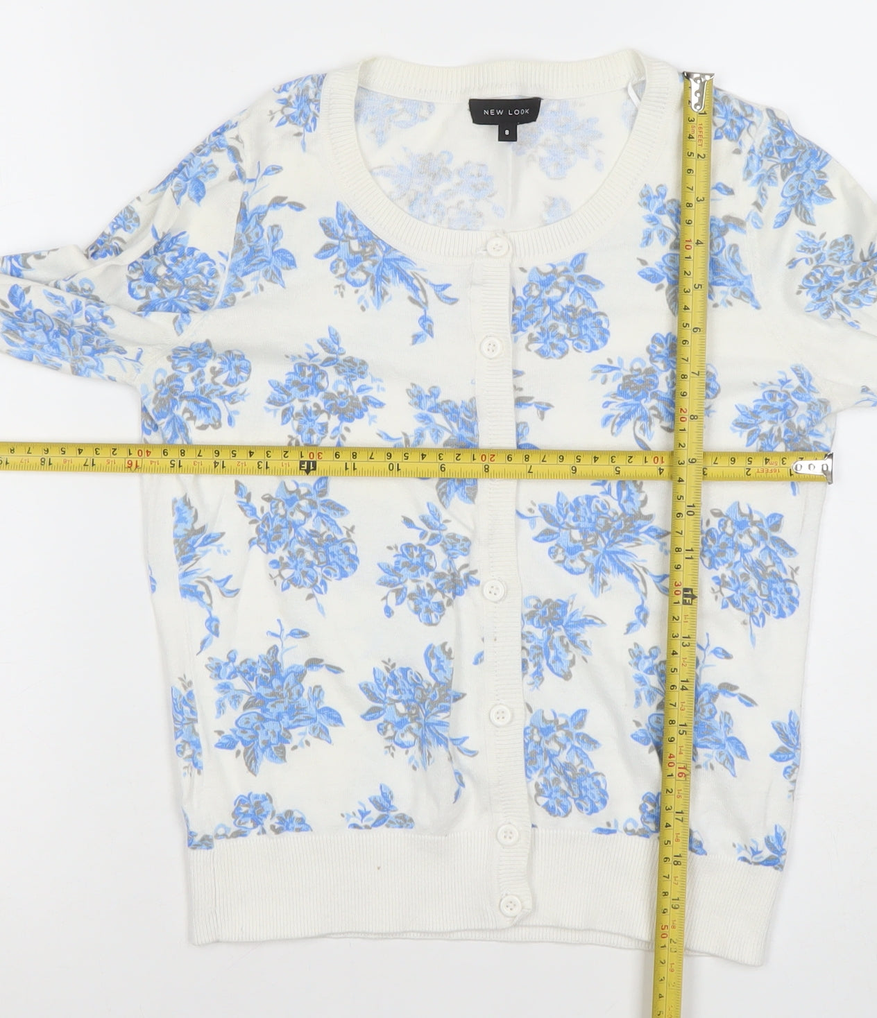 New Look Women White Blue Floral Button-Up Cardigan Size 8