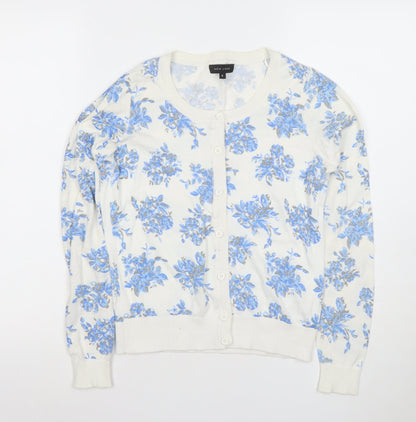New Look Women White Blue Floral Button-Up Cardigan Size 8