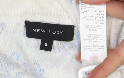 New Look Women White Blue Floral Button-Up Cardigan Size 8