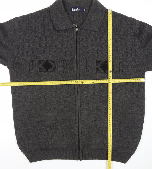 Esquire Men's Grey 3XL Full Zip Knit Jumper Collared Classic Style