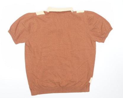 EASY Men's Brown Retro Striped Collared Polo Shirt Size L Cotton Zip Neck