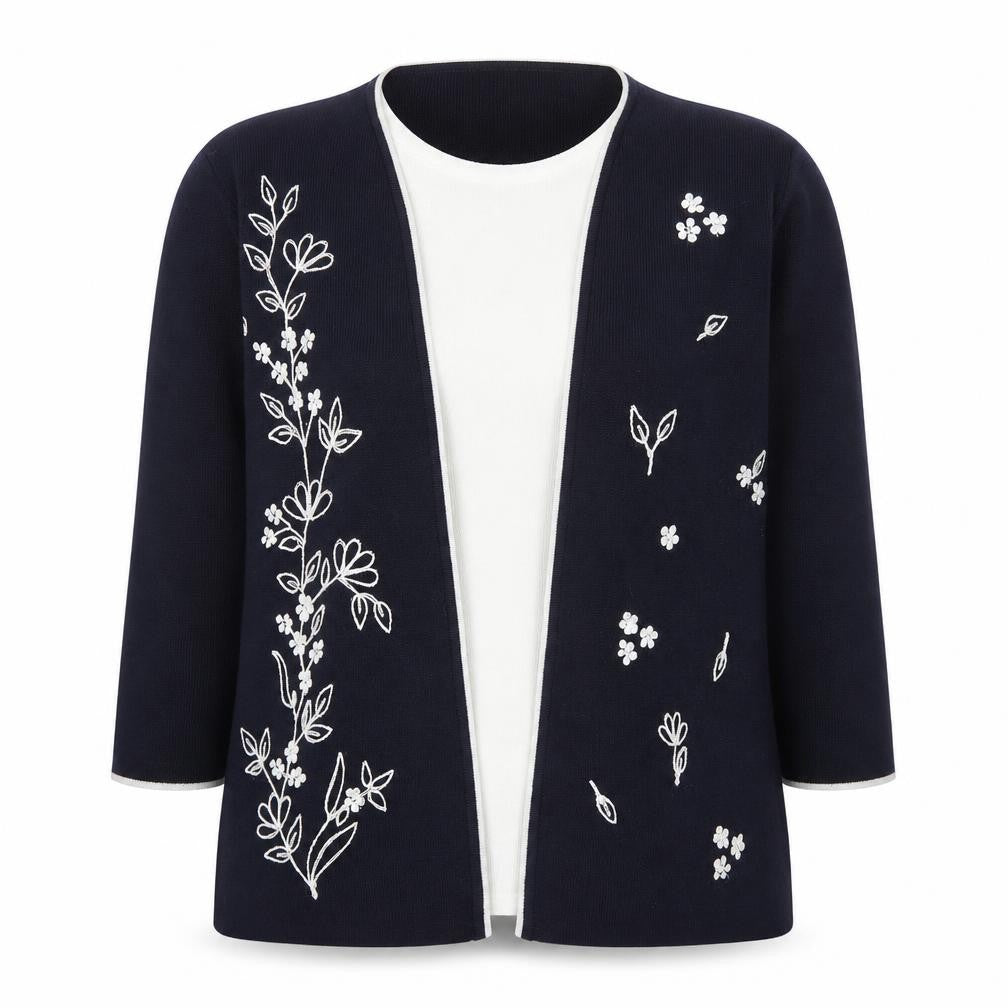 Front view of Akal Women's Multicoloured Embroidered Floral Open Knit Cardigan M
