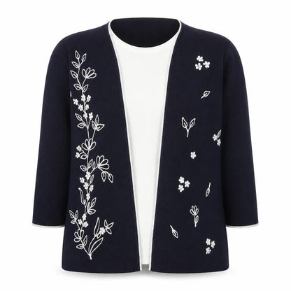 Front view of Akal Women's Multicoloured Embroidered Floral Open Knit Cardigan M