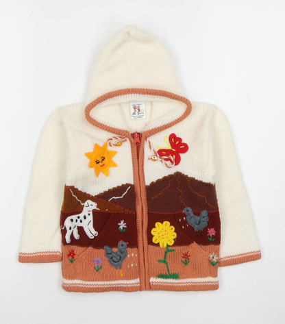 Mi Peru Girls Cream Multi Knit Hooded Zip Cardigan Size 8 Animal Scene