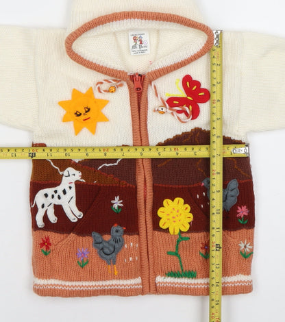 Mi Peru Girls Cream Multi Knit Hooded Zip Cardigan Size 8 Animal Scene