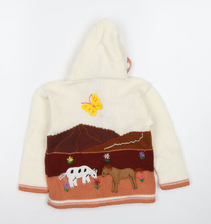 Mi Peru Girls Cream Multi Knit Hooded Zip Cardigan Size 8 Animal Scene