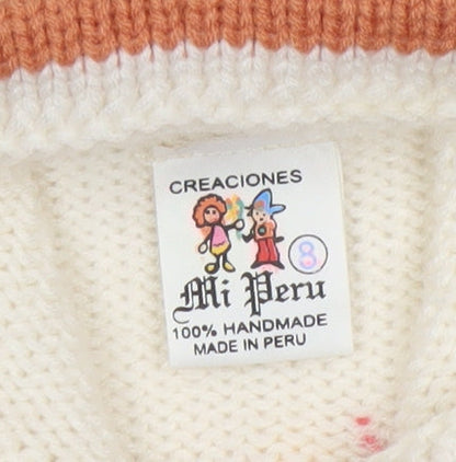 Mi Peru Girls Cream Multi Knit Hooded Zip Cardigan Size 8 Animal Scene