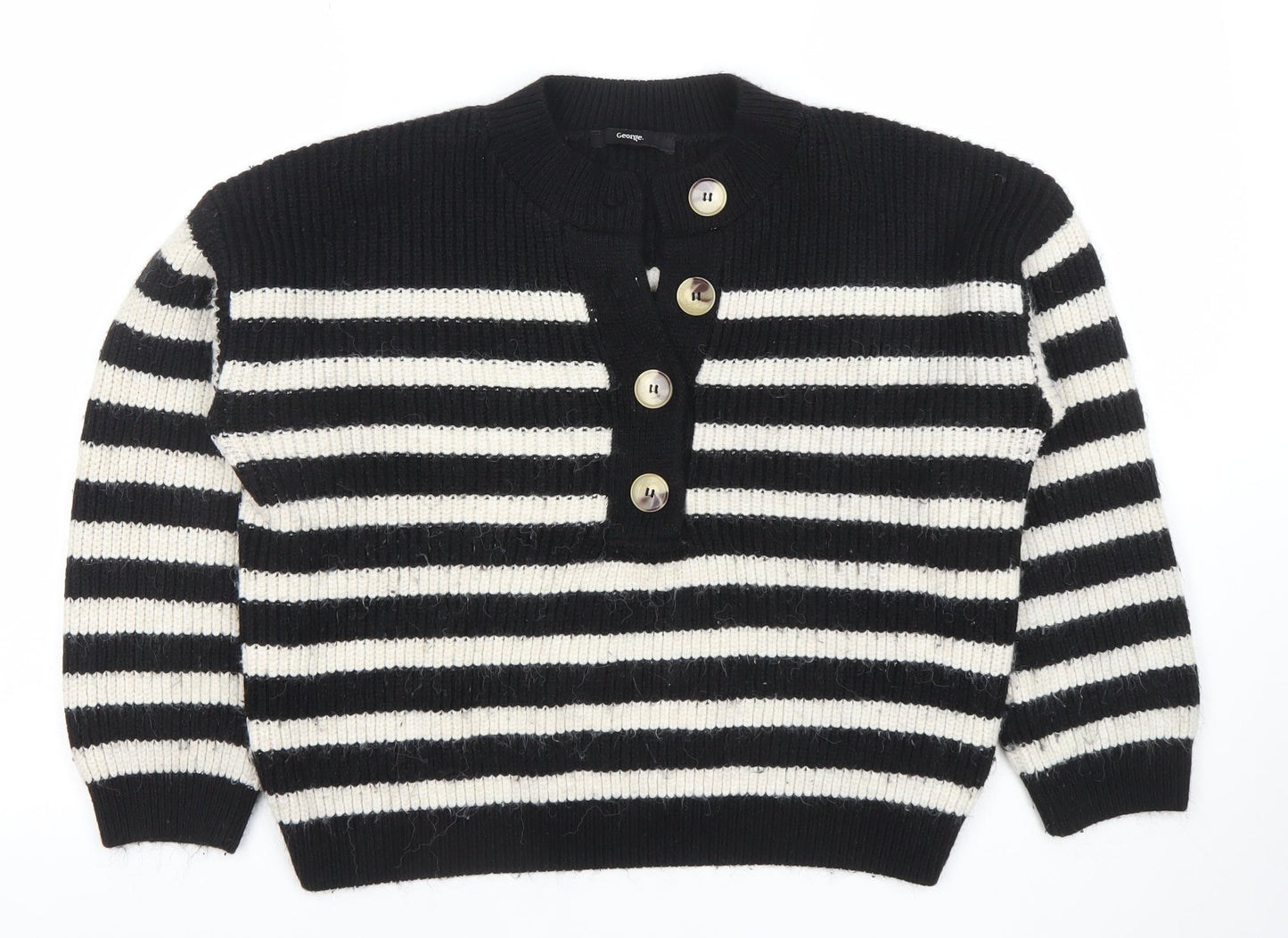 George Women’s Black & White Striped Henley Knit Jumper Size L