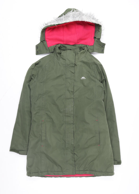 Trespass Girls Green Hooded Waterproof Parka Coat 11 Years Fleece Lined