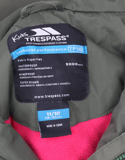 Trespass Girls Green Hooded Waterproof Parka Coat 11 Years Fleece Lined
