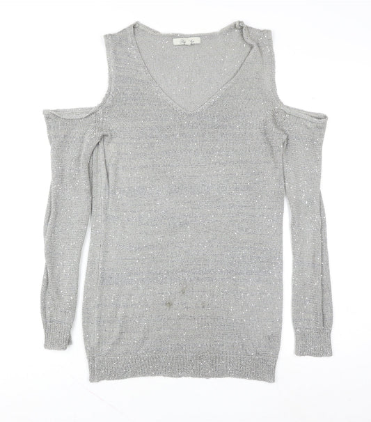 Peacocks Women Silver Cold Shoulder Sequin Knit Top Size 12