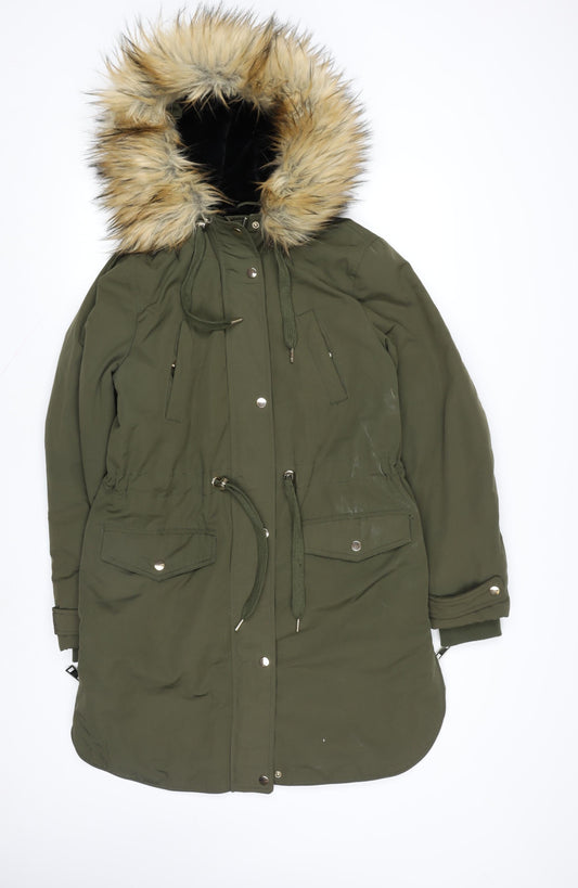 Miss Selfridge Women’s Green Faux Fur Hooded Parka Coat Size 10