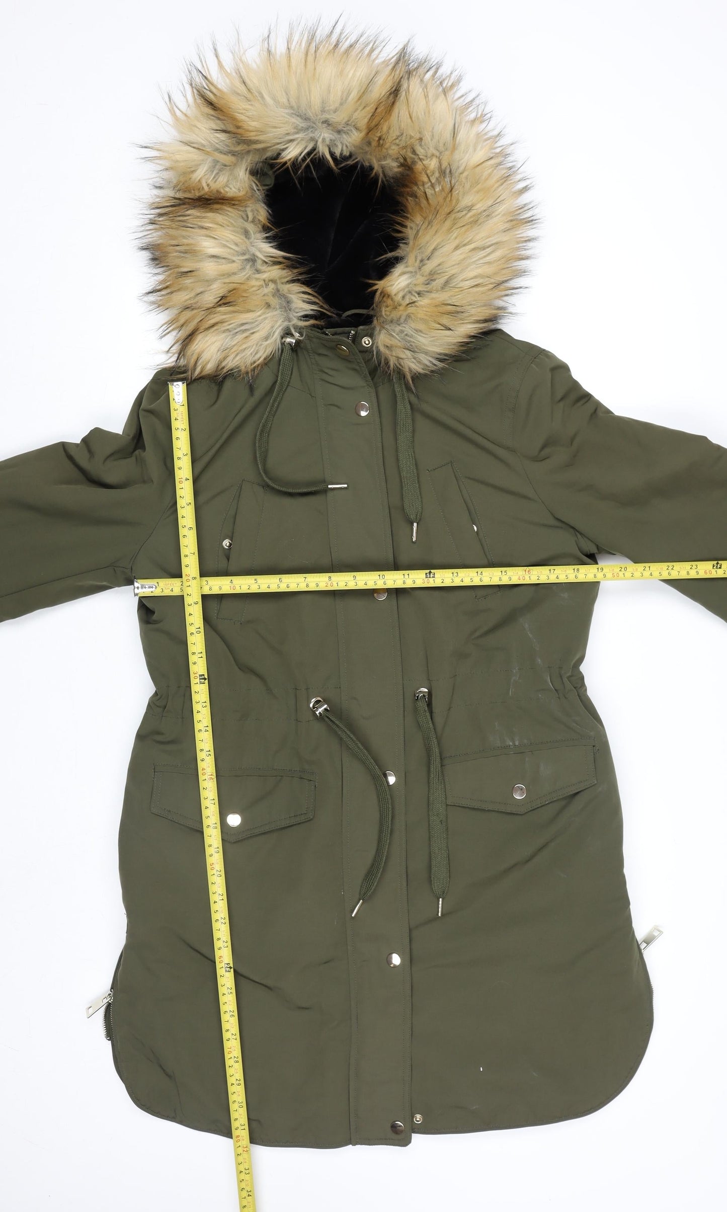 Miss Selfridge Women’s Green Faux Fur Hooded Parka Coat Size 10