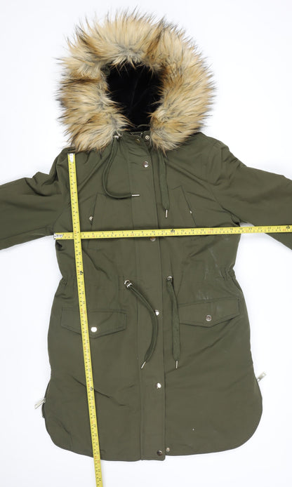 Miss Selfridge Women’s Green Faux Fur Hooded Parka Coat Size 10