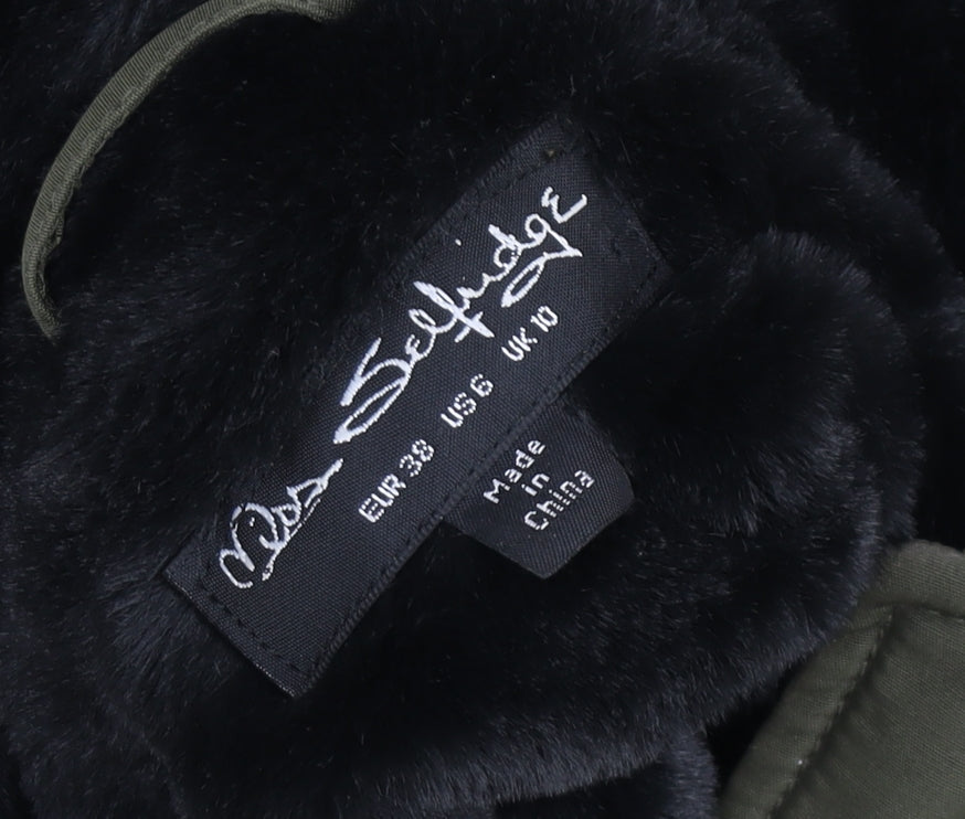 Miss Selfridge Women’s Green Faux Fur Hooded Parka Coat Size 10