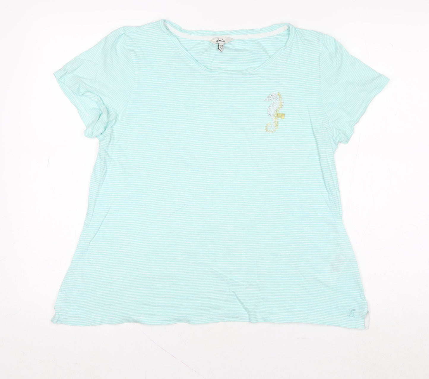 Joules Women's Blue Striped Crew Neck Embroidered Seahorse Cotton T-Shirt UK 12