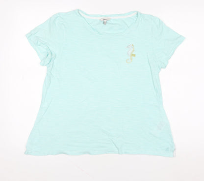 Joules Women's Blue Striped Crew Neck Embroidered Seahorse Cotton T-Shirt UK 12