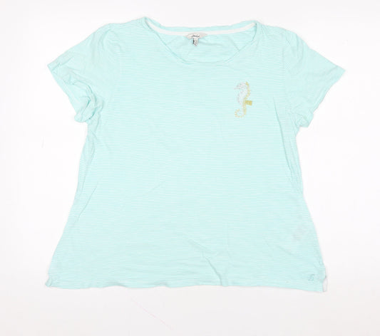 Joules Women's Blue Striped Crew Neck Embroidered Seahorse Cotton T-Shirt UK 12