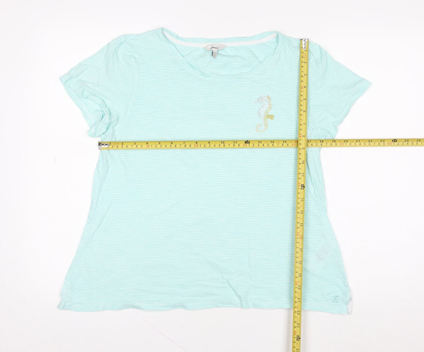 Joules Women's Blue Striped Crew Neck Embroidered Seahorse Cotton T-Shirt UK 12