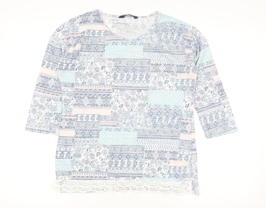 Bonmarché Women Blue Floral Patchwork 3/4 Sleeve Tunic Top Size 10