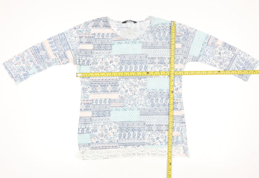 Bonmarché Women Blue Floral Patchwork 3/4 Sleeve Tunic Top Size 10