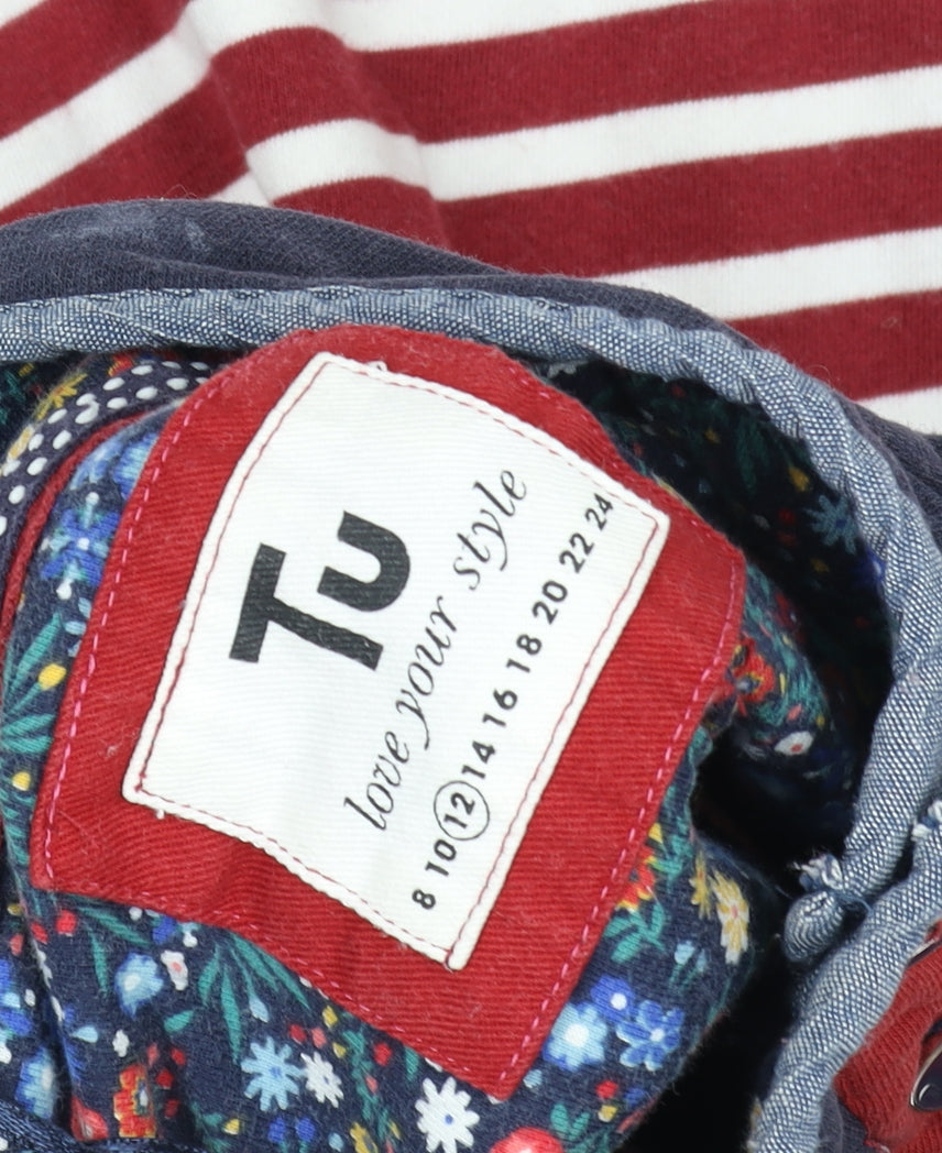 Tu Women Red Navy Striped Henley Sweatshirt Size 12 Cotton Blend