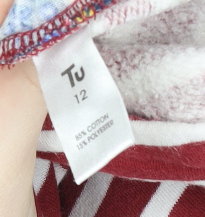 Tu Women Red Navy Striped Henley Sweatshirt Size 12 Cotton Blend