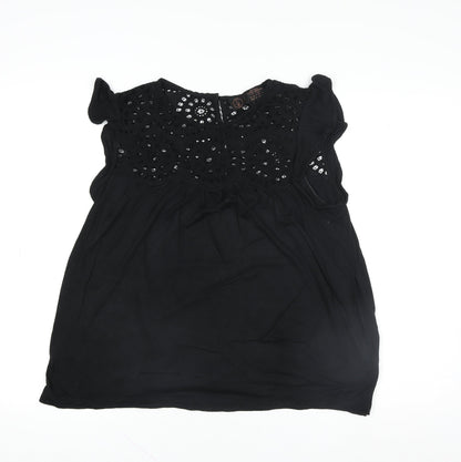 Fat Face Women Black Tunic Blouse UK 10 Embroidered Sleeveless Top