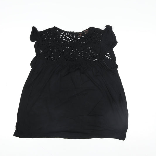 Fat Face Women Black Tunic Blouse UK 10 Embroidered Sleeveless Top