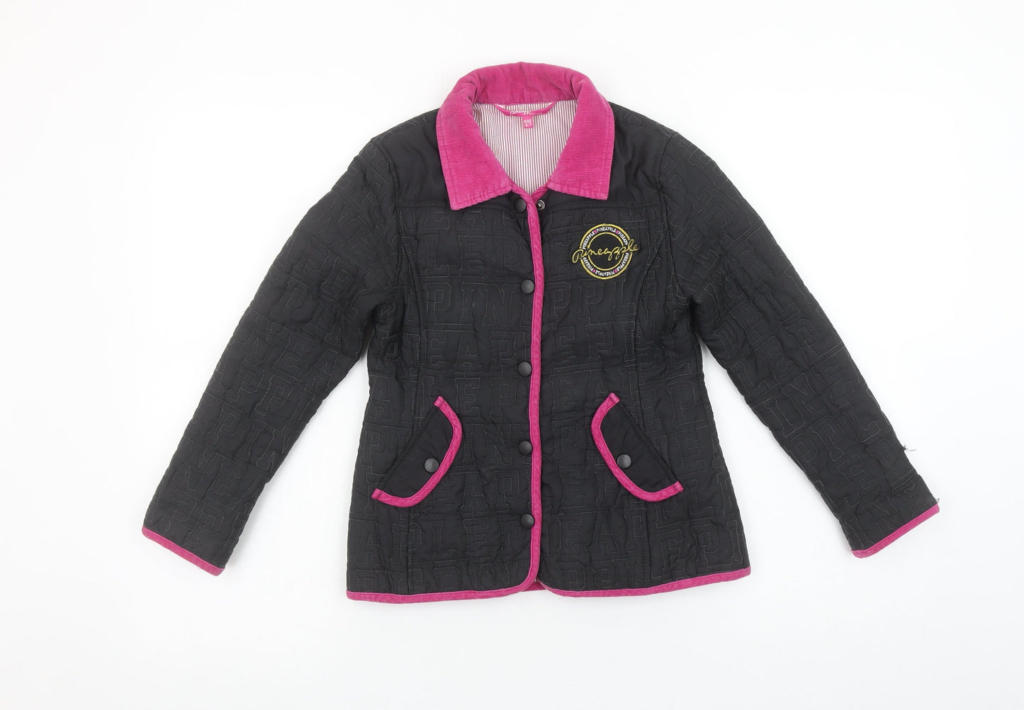 Pineapple Girls Black Quilted Jacket Age 6-7 Years Pink Trim Logo Design