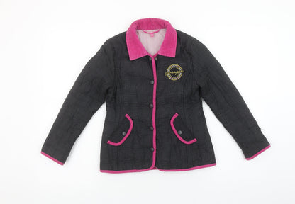 Pineapple Girls Black Quilted Jacket Age 6-7 Years Pink Trim Logo Design