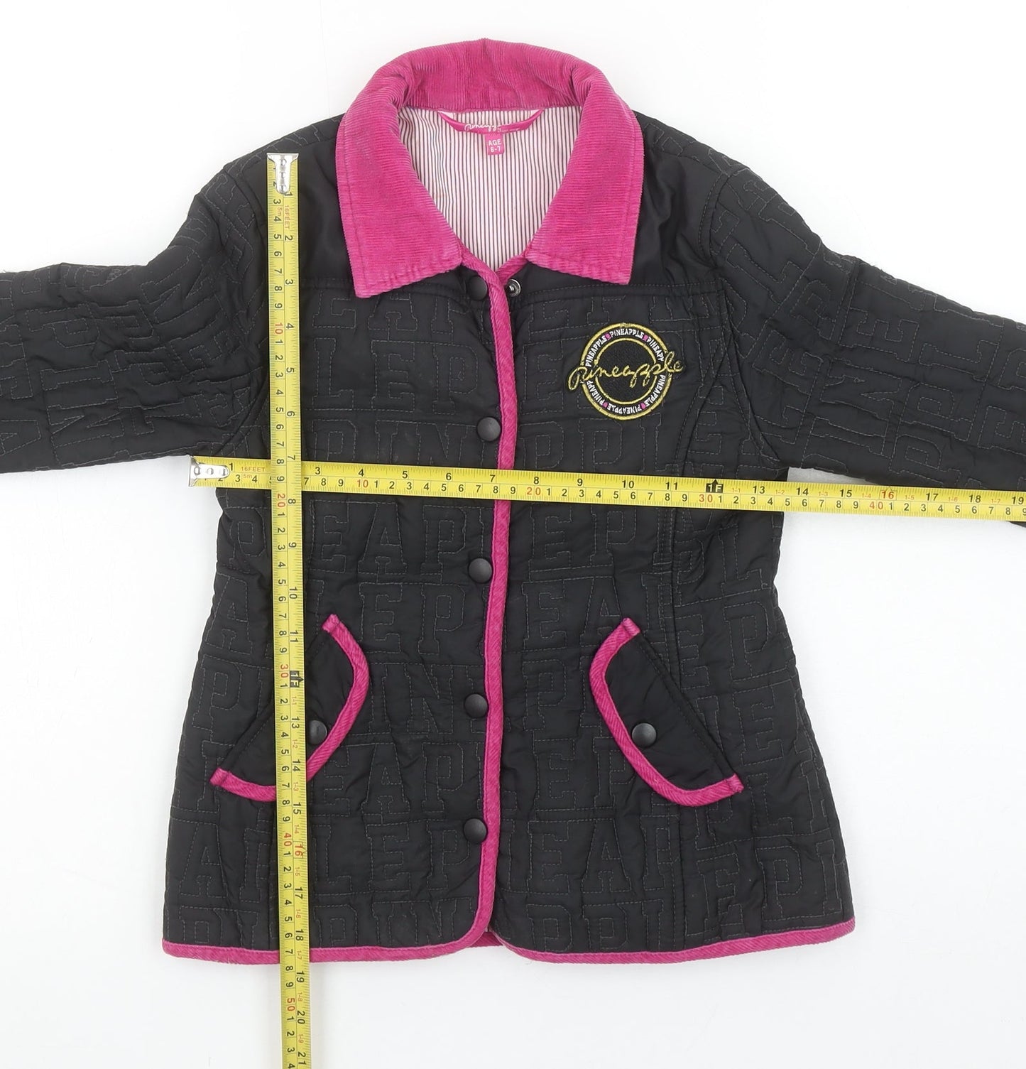 Pineapple Girls Black Quilted Jacket Age 6-7 Years Pink Trim Logo Design