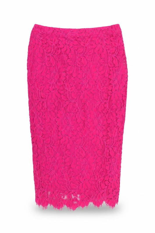 Front view of Gallery Women’s Pink Lace Pencil Skirt, size UK 12, Floral Formal