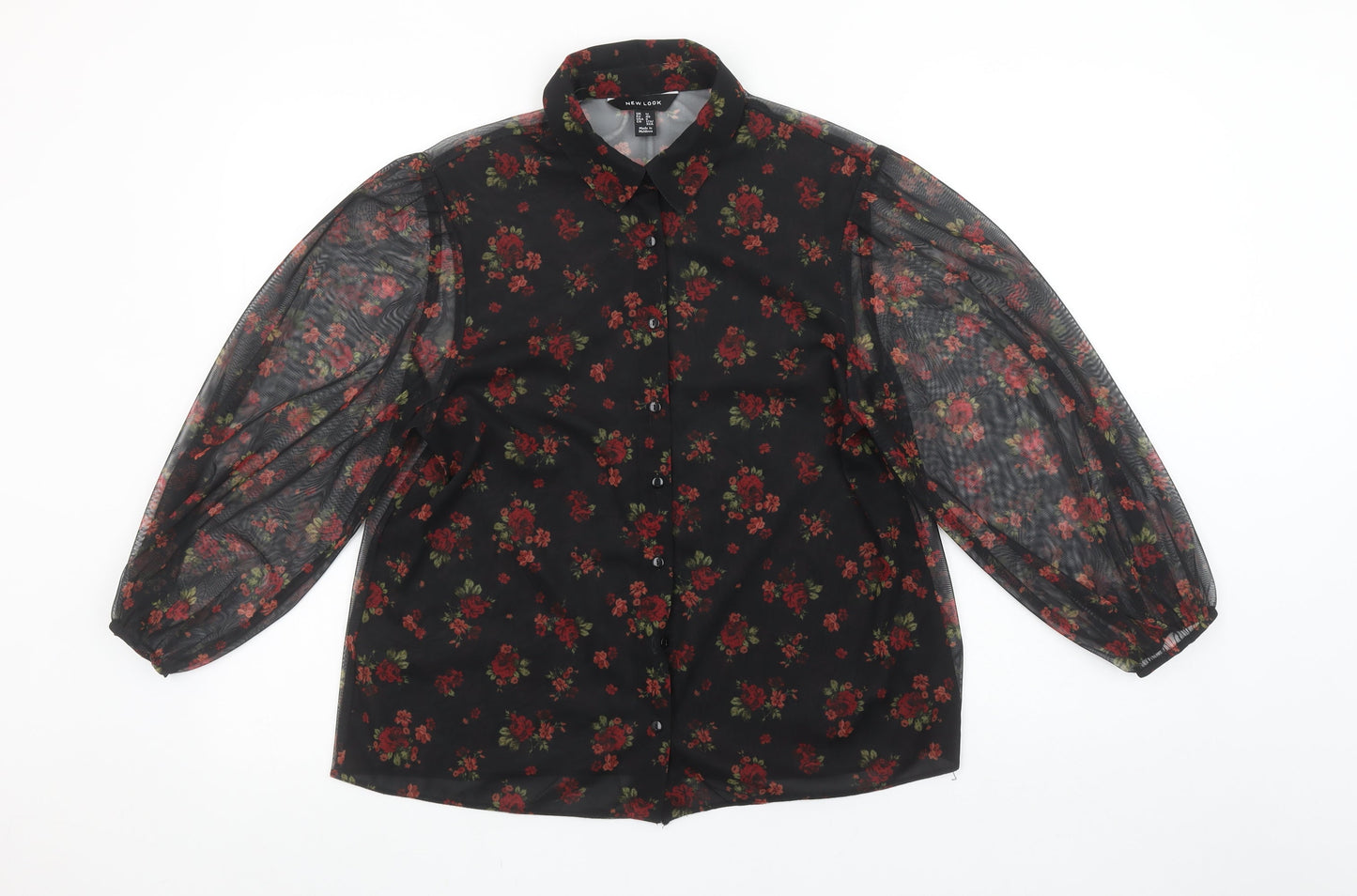 New Look Women's Black Floral Sheer Long Sleeve Button Blouse UK 12