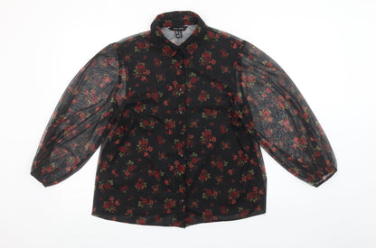New Look Women's Black Floral Sheer Long Sleeve Button Blouse UK 12