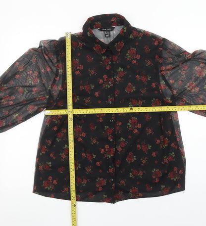 New Look Women's Black Floral Sheer Long Sleeve Button Blouse UK 12