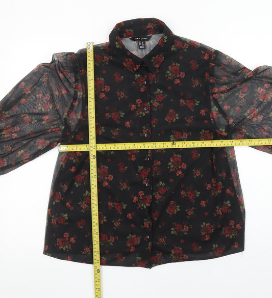 New Look Women's Black Floral Sheer Long Sleeve Button Blouse UK 12