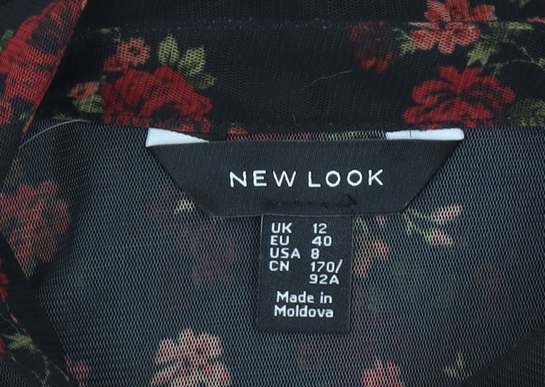 New Look Women's Black Floral Sheer Long Sleeve Button Blouse UK 12